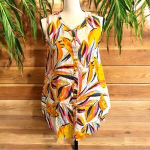 C&C CALIFORNIA 100% Linen Tropical Lemon Print Sleeveless Tunic Top - Medium